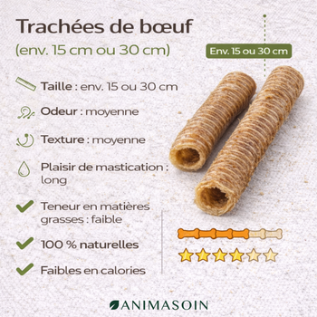 Trachées de boeuf pour chien - 15 ou 30 cm - Mastication longue