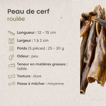 Peaux de cerf séchées roulées pour chien (mastication moyenne à longue)