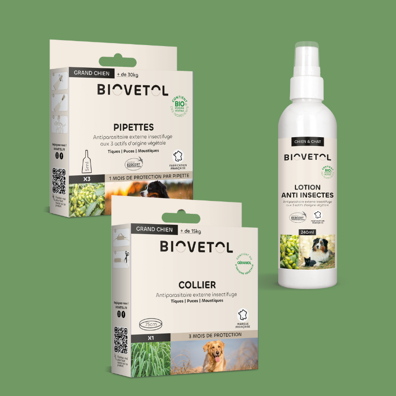 Chien-Pack protection 3 mois - puces, tiques et aoûtat -  Biovetol - Géraniol&Margousier