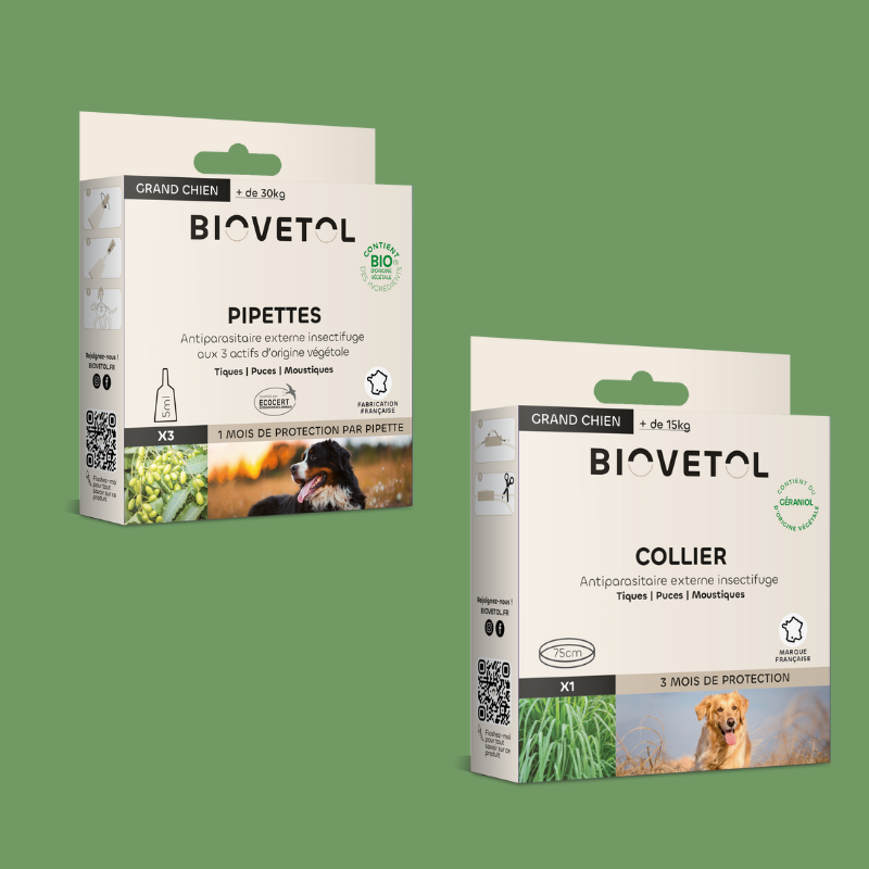 Chien-Pack protection 3 mois - puces, tiques et aoûtat -  Biovetol - Géraniol&Margousier